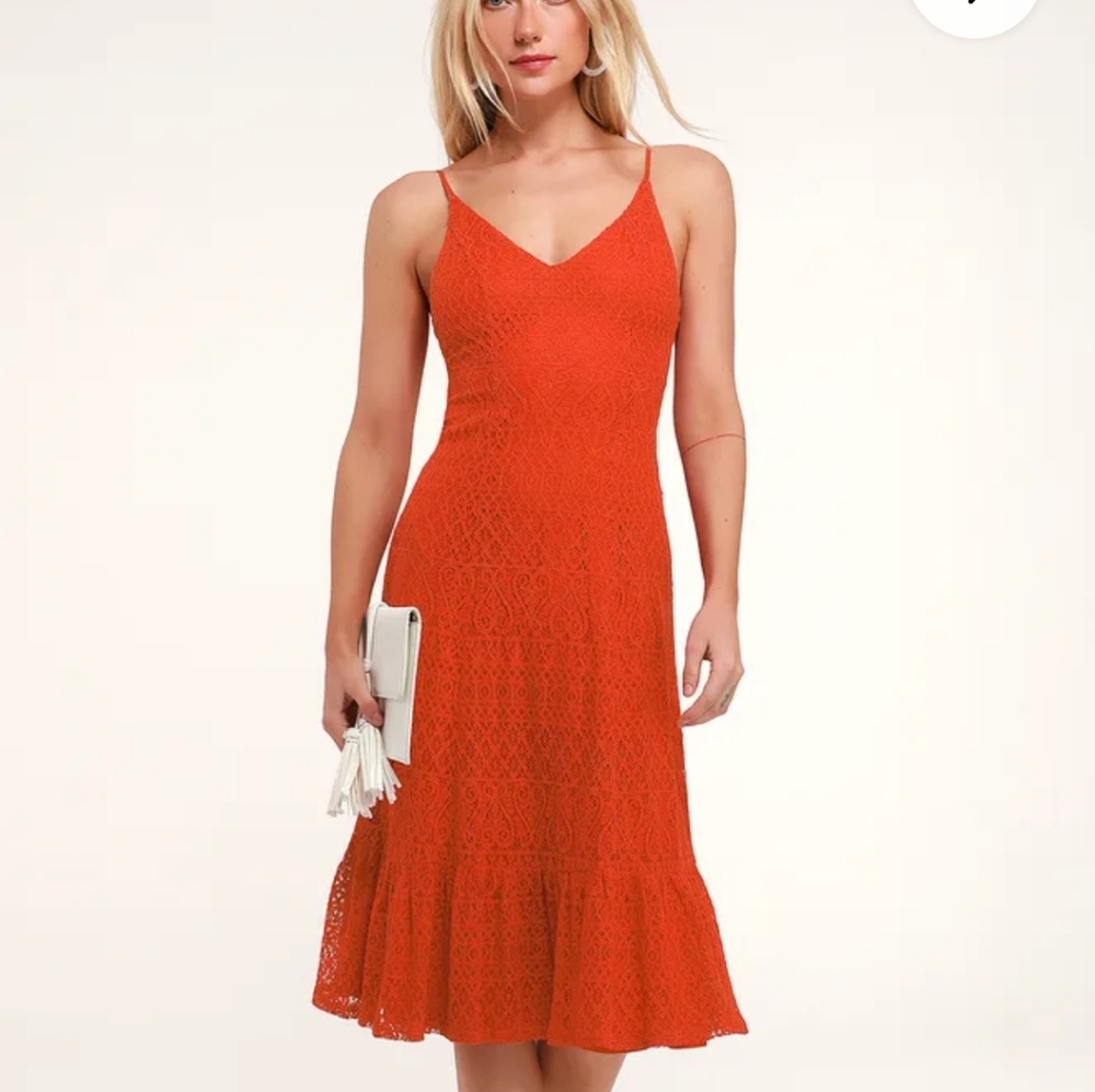 Lulu's glow lucky orange lace midi dress size L nwt